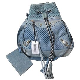 Borsa a secchiello Motocross Pompon in pelle di Balenciaga Blu