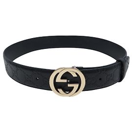 GUCCI GG INTERLOCKING BUCKLE BELT 370543 T75 IN BLACK MONOGRAM LEATHER Black