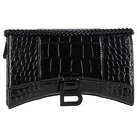Balenciaga Hourglass Croc-Embossed Wallet On Chain in Black Leather Black