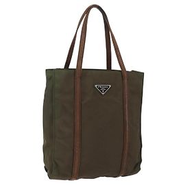 PRADA Handtasche Nylon Leder Khaki Silber Auth ti3735 Silber Khaki
