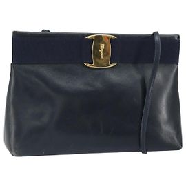 Bolsa de Ombro Salvatore Ferragamo em Couro Azul Marinho Dourado Auth bs33229 Dourado Azul marinho