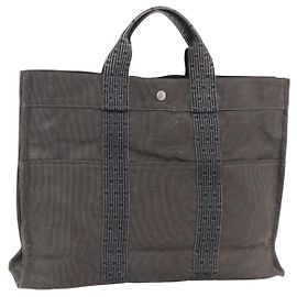 Hermès HERMES Handtasche Her Line Tote MM aus Canvas Grau Silber Authentisch 171988 Braun Silber