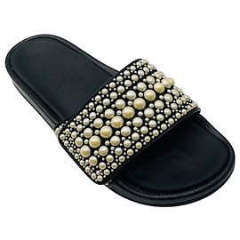 Sandali slide in tela e pelle nera Fitz decorati con perle di Jimmy Choo Nero