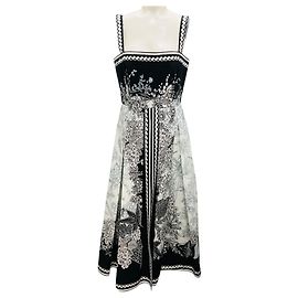 Vestido midi de algodão impresso Elie Saab preto / branco / azul Multicor
