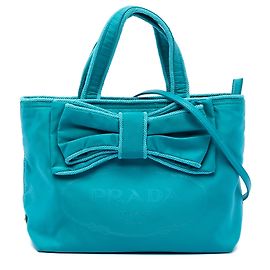 Bolsa Prada em tessuto canapa azul com logo e laço Azul Turquesa