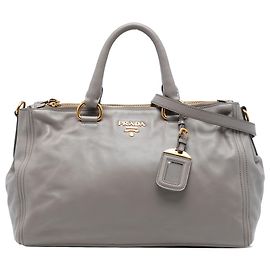 Prada Gray Small Soft Calf Double Zip Satchel Brown Grey