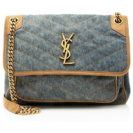 Saint Laurent Denim Suede Monogram Niki Medium Shoulder Bag Bleu