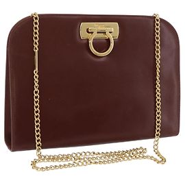 Bolsa de ombro Gancini em couro marrom e dourado Auth BA10665 da Salvatore Ferragamo Marrom Dourado