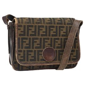 FENDI Zucca Canvas Shoulder Bag Black Brown Auth ka2348 Brown Black