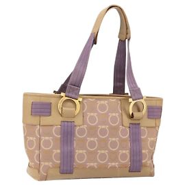 Bolsa Tote Gancini em Lona Salvatore Ferragamo Roxa Dourada Auth BA10562 Dourado Roxo