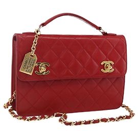 CHANEL Matelassé 23 Bolsa de Cadeado Duplo em Couro de Cordeiro Vermelho CC Auth 166468SAM Vermelho Dourado