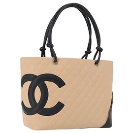 CHANEL Bolsa Tote Matelassé Linha Cambon Couro Bege Prata CC Auth 168063SAV Prata Bege