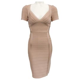 Beige Klassisches Bandage-Kleid mit Band Herve Leger Beige