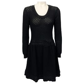 RED Valentino Black Wool Crochet Knit Dress Black