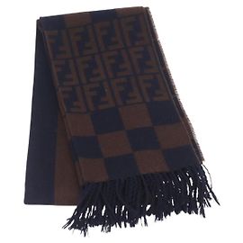 FENDI Zucca Scarf Wool Navy Brown Auth am10726V Brown Navy blue