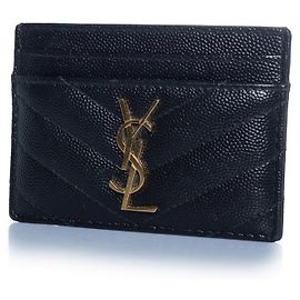 Tarjetero de cuero negro con logo de Saint Laurent Negro