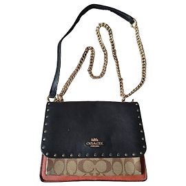 Bolsa de ombro Coach em couro preto e lona com monograma Marrom Preto Multicor