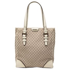 Céline Celine Brown Croc Embossed Leather Trimmed Macadam Canvas Tote Brown Beige