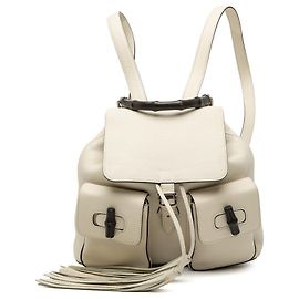 Gucci White Large Calfskin Bamboo Tassel Drawstring Backpack White Cream