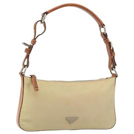 PRADA Hand Pouch Nylon Leather Beige Silver Auth 171021 Silvery Beige