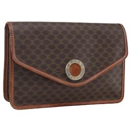 Céline CELINE Macadam Canvas Circle Clutch Bag PVC Leather Brown Gold Auth 171869 Brown Golden