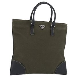PRADA Sac à main en toile cuir kaki argent authentique 170921 Argenté Kaki