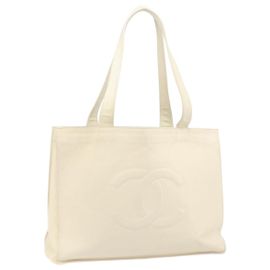 Bolsa Tote CHANEL em Couro Caviar Branco CC Auth BA10649 Branco