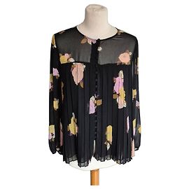 Massimo Dutti Schwarze Bluse mit rosa, gelben und rosafarbenen Blumen Schwarz Pink Gelb