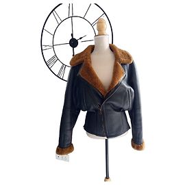 Autre Marque Black leather aviator jacket with shearling lining Brown Black