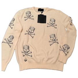 Pull Philipp Plein Couture Crâne de Cristal et Os Croisés Écru