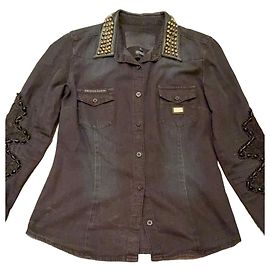 Camicia in denim Philipp Plein Couture con colletto borchiato e maniche in pizzo Nero