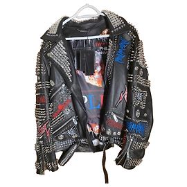 Philipp Plein Giacca biker in pelle nera con borchie e patch Nero Multicolore