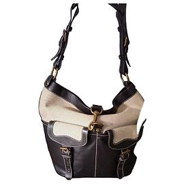 Bolsa de ombro Le Tanneur em couro preto e lona bege Preto Bege