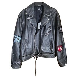 Autre Marque Black leather biker jacket with patches Black