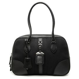 Prada Black Cinghiale Trimmed Canvas Bauletto Bag Black