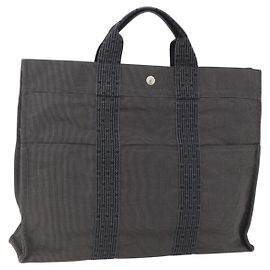 Hermès HERMES Handtasche Her Line Tote MM aus Canvas Grau Silber Authentisch 172061 Braun Silber