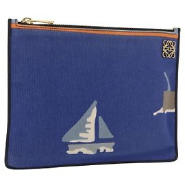LOEWE Clutch Tasche aus Canvas Blau Gold Auth BA10855 Blau Golden