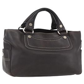 Céline Bolso de mano Boogie CELINE de cuero marrón oscuro con detalles en plata Auth hk3492 Plata Marrón oscuro