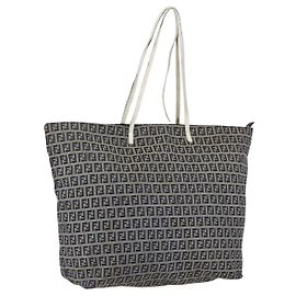FENDI Zucchino Canvas Tote Bag Navy Silver Auth 168974 Silvery Navy blue