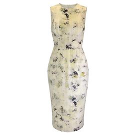 Jason Wu Collection Ivory Multi Printed Pleated Sleeveless Chiffon Midi Dress Beige