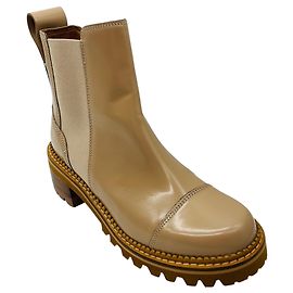 See by Chloé See by Chloe Beige Polished Leather Cap Toe Pull On Ankle Boots Beige