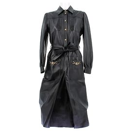 Céline Robe longue noire en cuir avec boutons dorés Noir
