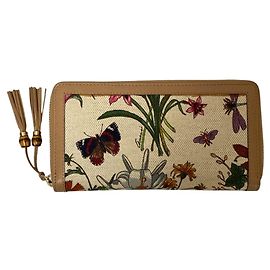 Carteira longa com zíper redondo e tassel de bambu Flora da GUCCI Multicor Bege