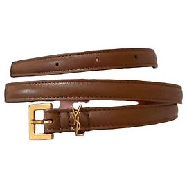 Saint Laurent Thin leather belt with YSL logo Brown