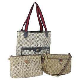 Gucci Borsa GG Canvas GG Plus Sherry Line PVC 3 pezzi Beige Navy Auth 155246 Beige Blu navy