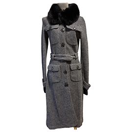 Long Christian Dior coat in grey wool with fur collar Black Grey