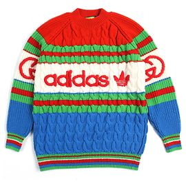 Gucci×adidas Interlocking G Web Line Cable Knit Sweater Wool Knit Red Blue Green Cream
