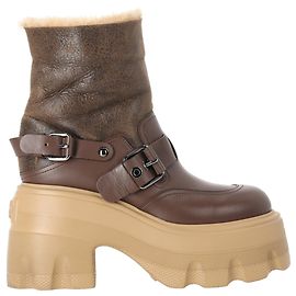 Botas de tornozelo em couro marrom com cadarço em shearling Casadei Marrom Vermelho