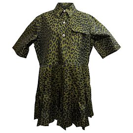 Robe Mini en Jacquard Léopard Plissé Ganni en Polyester Olive Vert Vert olive