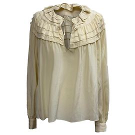 Ulla Johnson Aria Rüschenausschnitt Bluse aus ivory Seide Weiß Roh